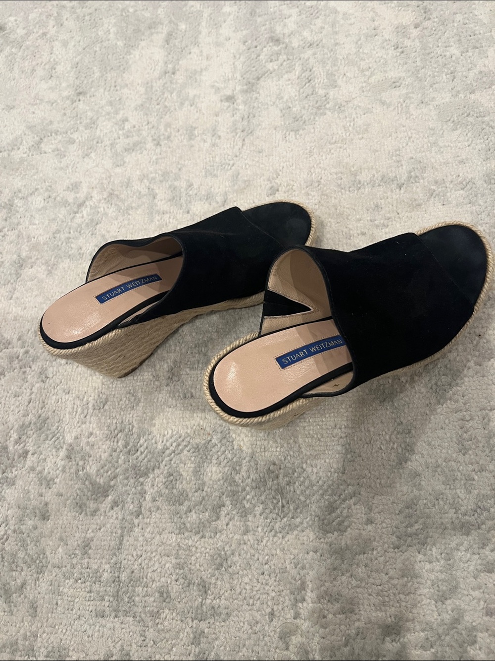 Stuart Weitzman Black Suede Espadrille Wedge Slides - Picture 1 of 4
